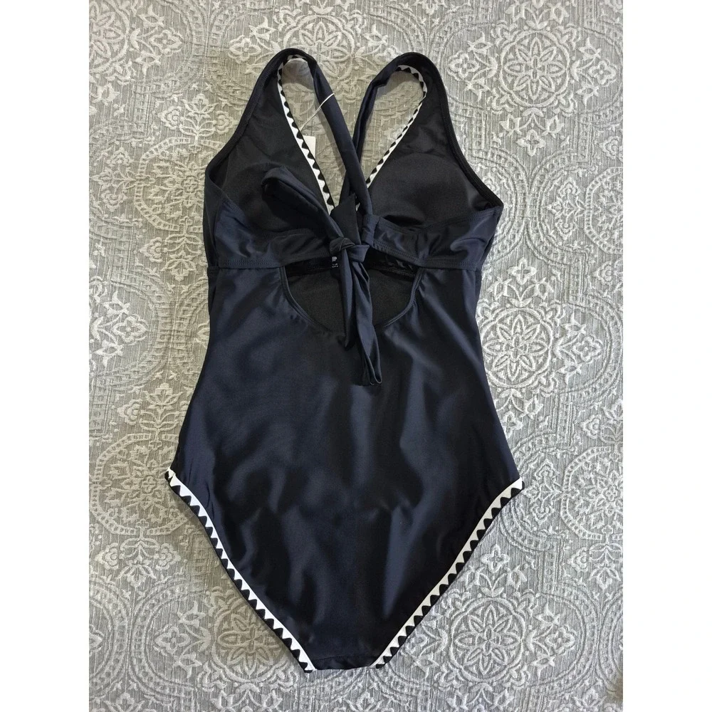 B2PRITY Womens One Piece Swimsuit Black Ric Rac Trim Ruched V-Neck Size M NWT - Picture 7 of 10